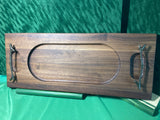 Hand Routed serving tray with metal handles and feet