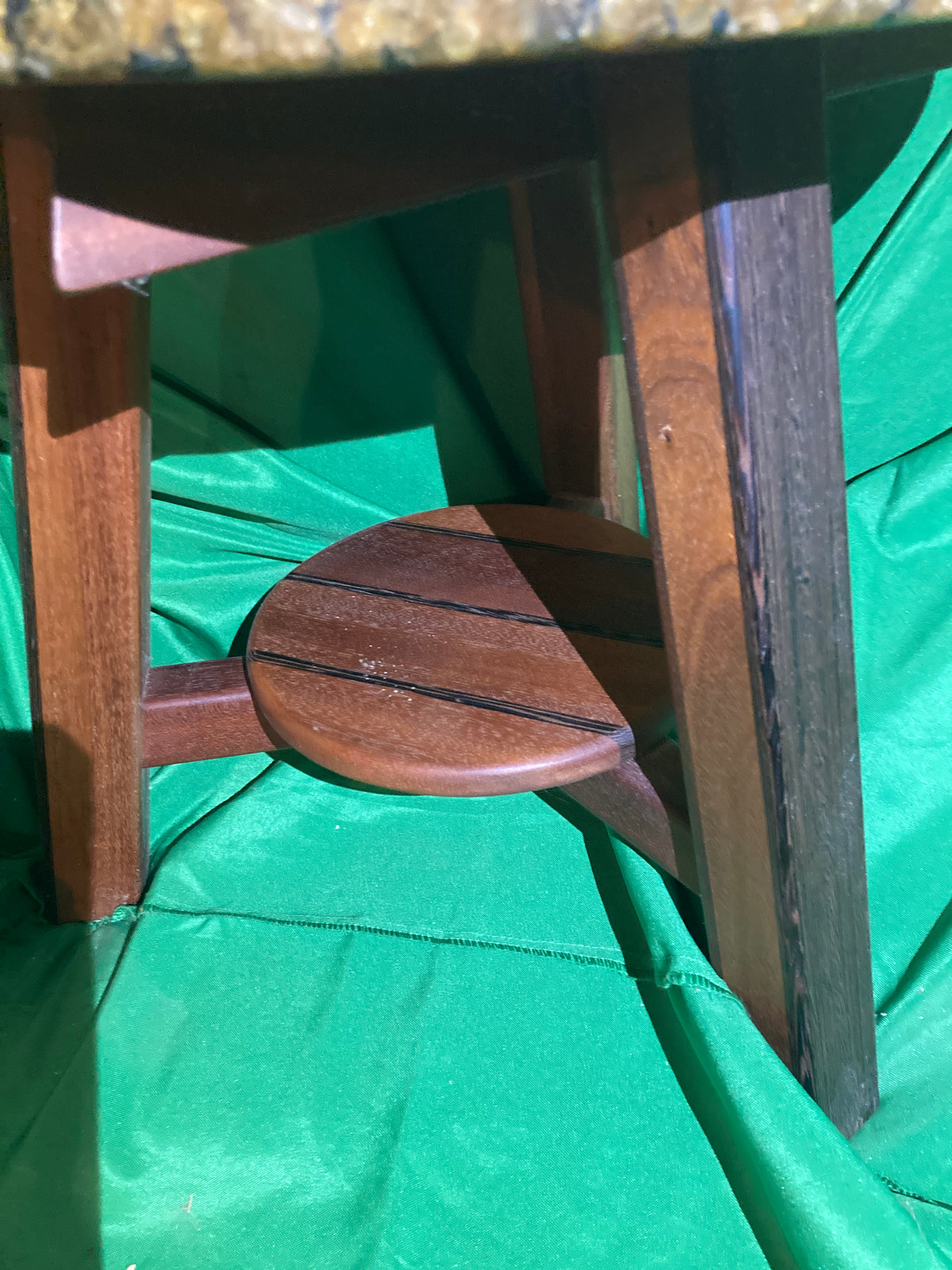 Small stone top table. End table. Plant stand. Entry table. Handcrafted from reclaimed Wenge and Mahogany wood.