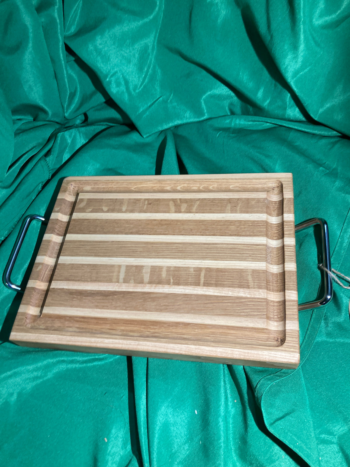 Wood cutting board. Juice groove.Handles and feet. Steak board. Handcrafted from 1/4 sawn white oak and hickory.