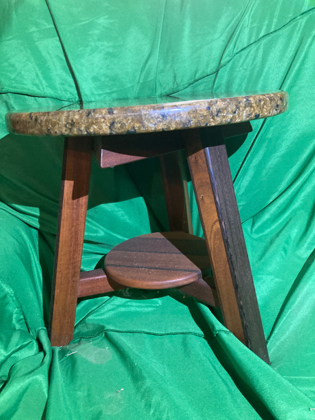 Small stone top table. End table. Plant stand. Entry table. Handcrafted from reclaimed Wenge and Mahogany wood.