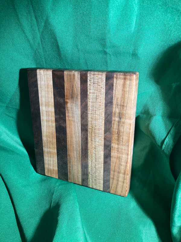 Small wood cutting board. Handcrafted charcuterie board. Cheese board. Small kitchen, r.v., camping, dorm room. Reclaimed wood. Crafted with black walnut and maple wood.