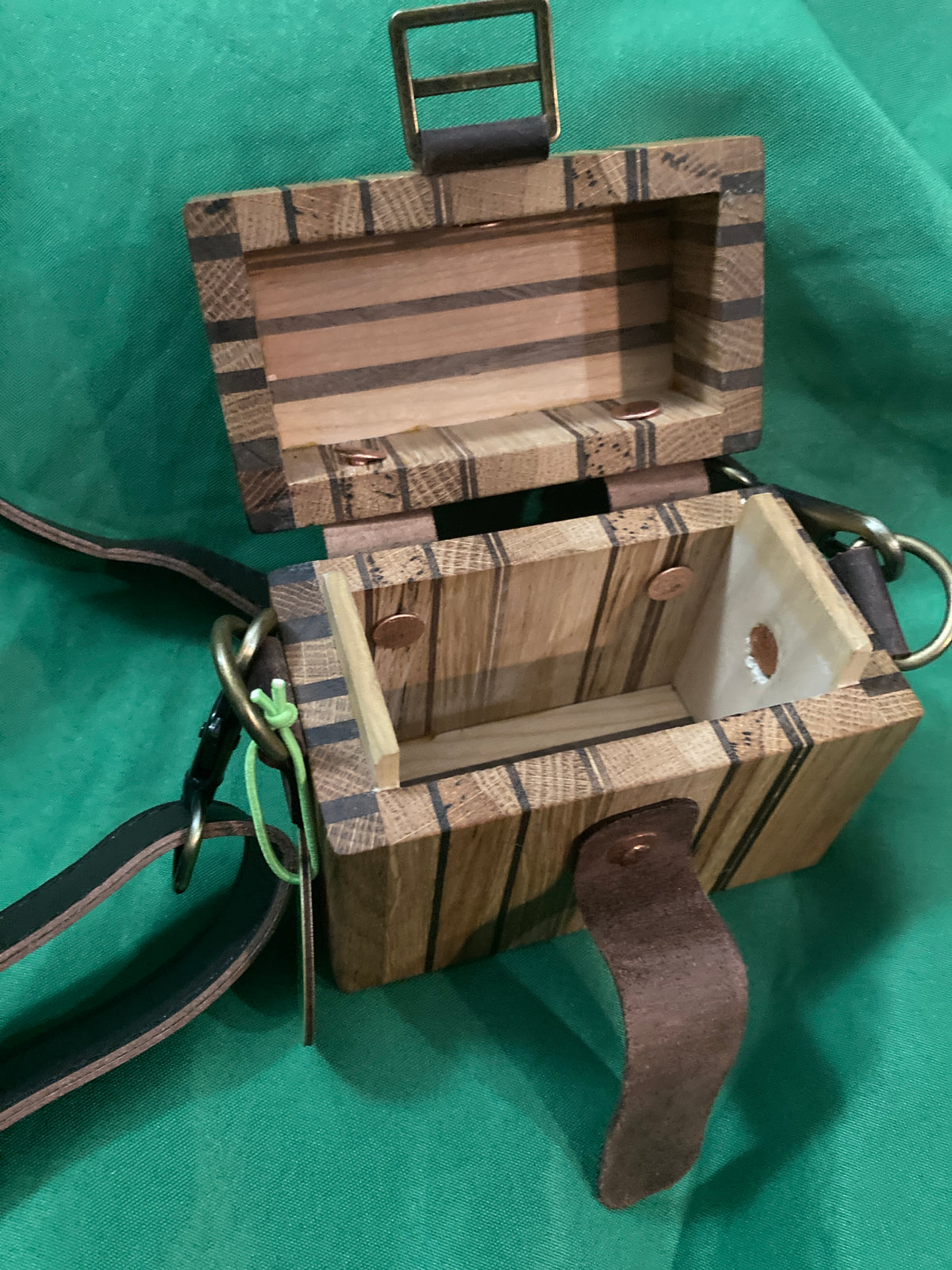 Wood box "purse" crossbody "bag" box one of a kind oak and black walnut. Oil rubbed bronze hardware.