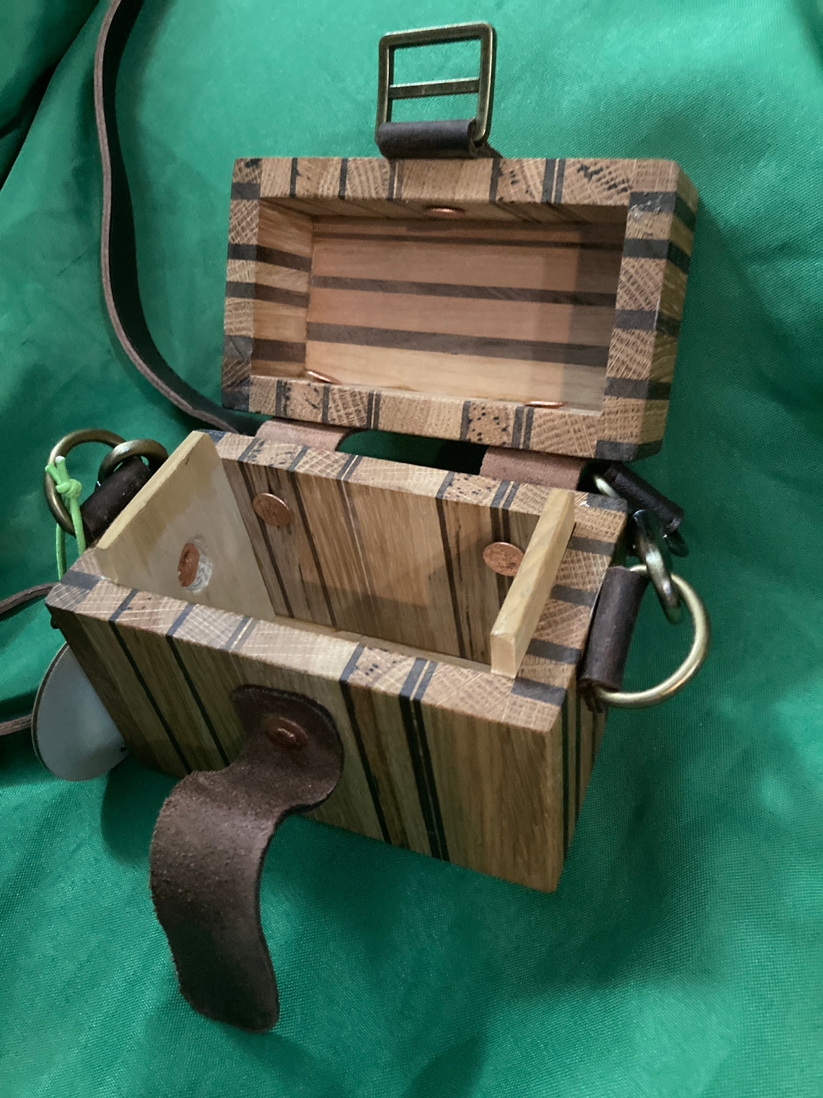 Wood box "purse" crossbody "bag" box one of a kind oak and black walnut. Oil rubbed bronze hardware.