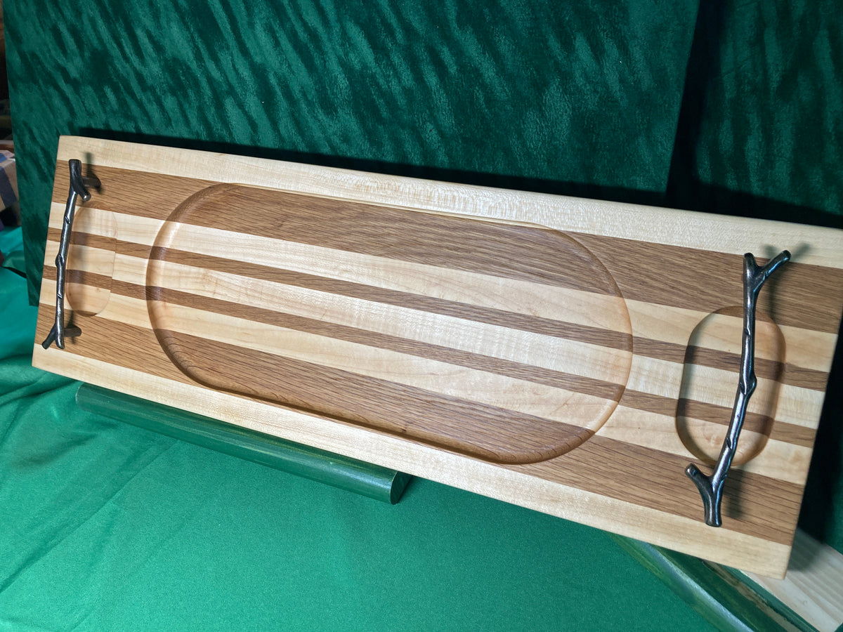 Hand Routed serving tray with metal handles and feet