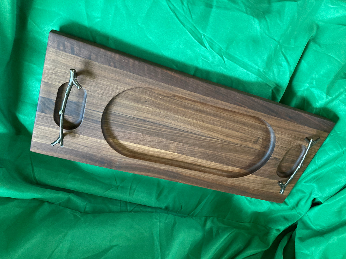 Hand Routed serving tray with metal handles and feet