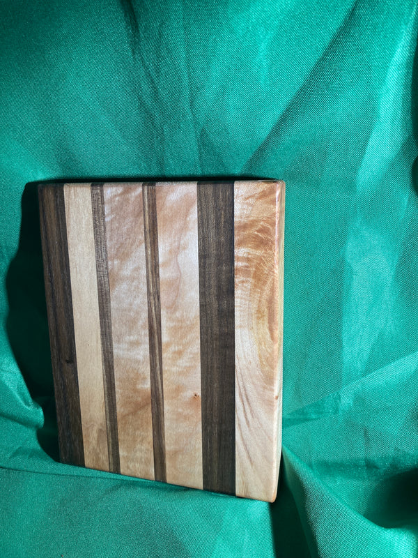 Small wood cutting board. Handcrafted charcuterie board. Cheese board. Small kitchen, r.v., camping, dorm room. Reclaimed wood. Crafted with black walnut and maple wood.