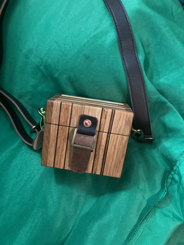 Wood box "purse" crossbody "bag" box one of a kind oak and black walnut. Oil rubbed bronze hardware.