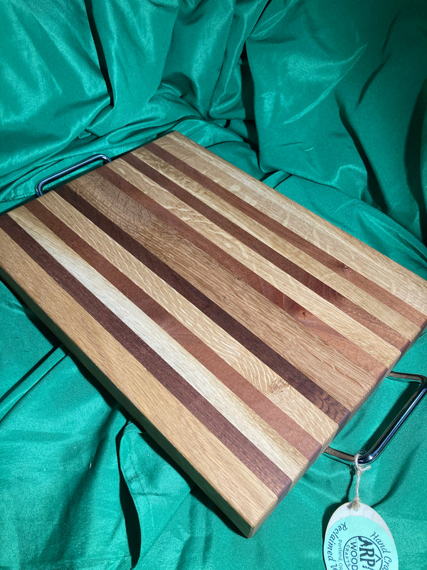 Wood cutting board. Serving tray. Large size. Handles and feet. Handcrafted high quality. Holiday board. Charcuterie. Handcrafted with sapele wood and white oak.