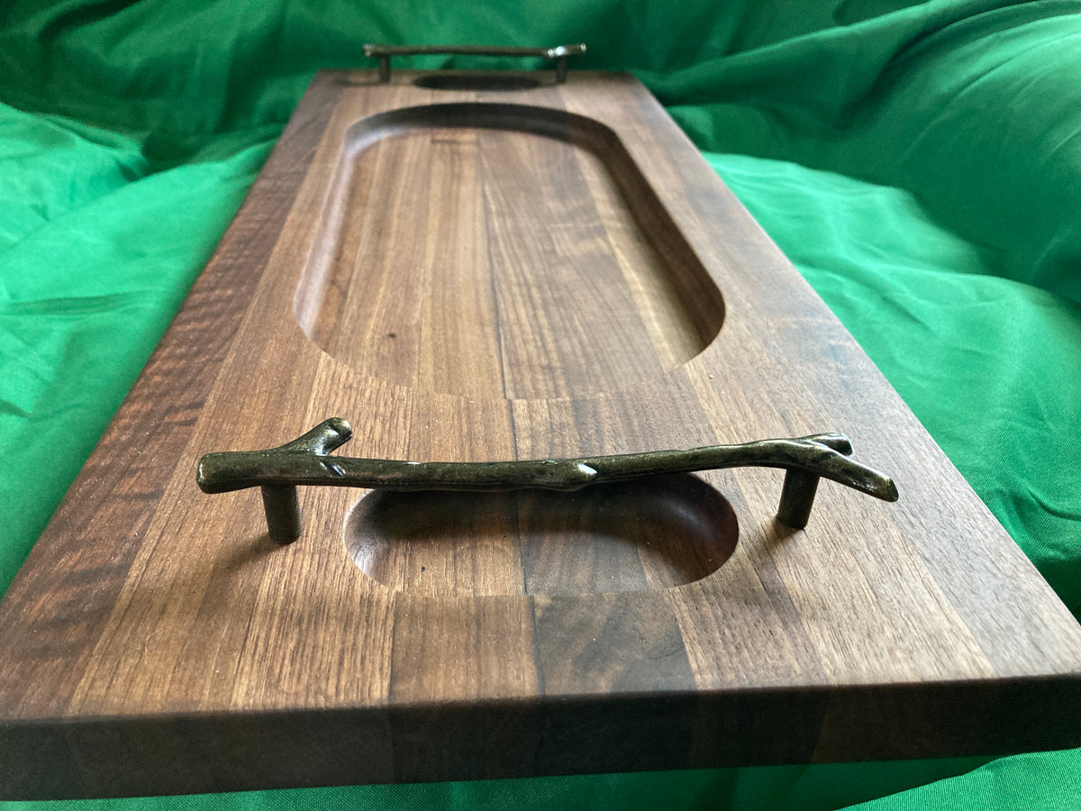 Hand Routed serving tray with metal handles and feet