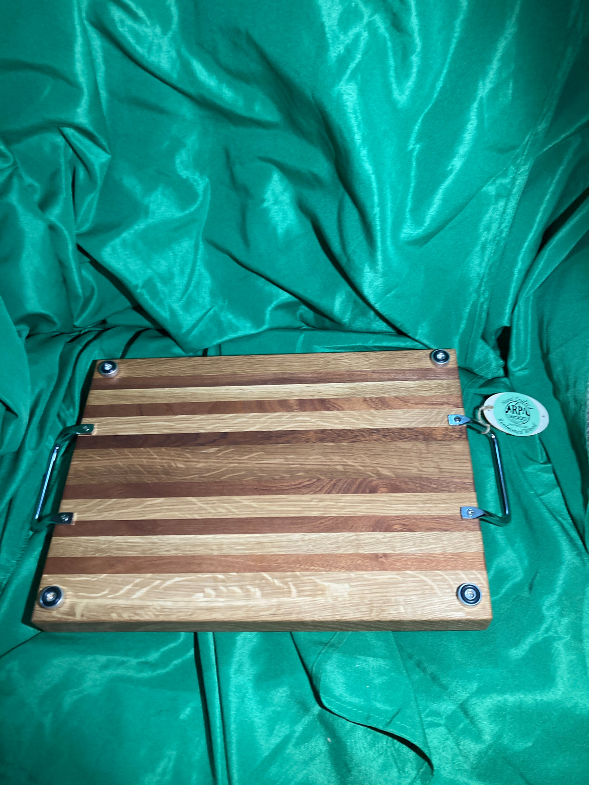 Wood cutting board. Serving tray. Large size. Handles and feet. Handcrafted high quality. Holiday board. Charcuterie. Handcrafted with sapele wood and white oak.