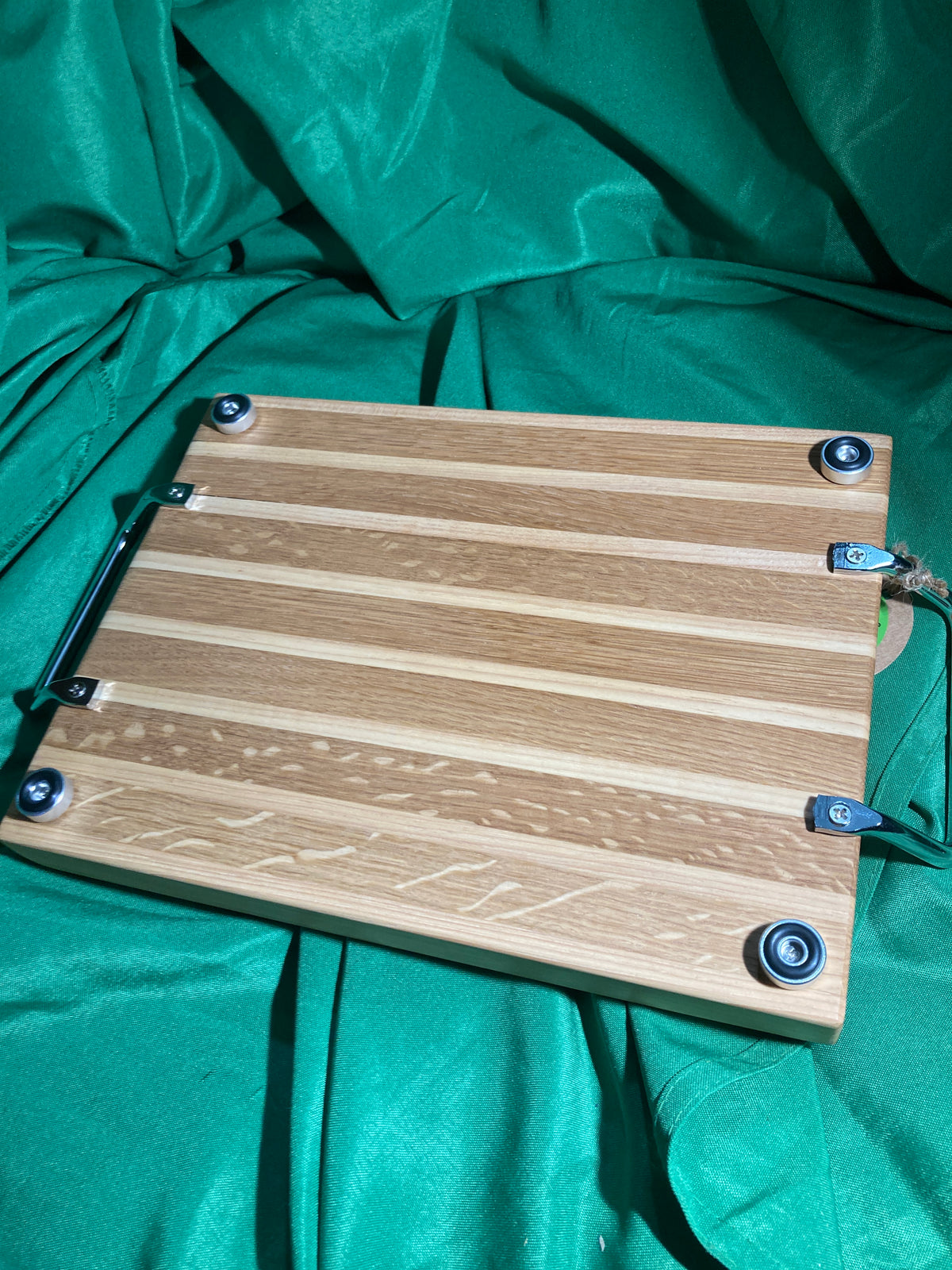 Wood cutting board. Juice groove.Handles and feet. Steak board. Handcrafted from 1/4 sawn white oak and hickory.