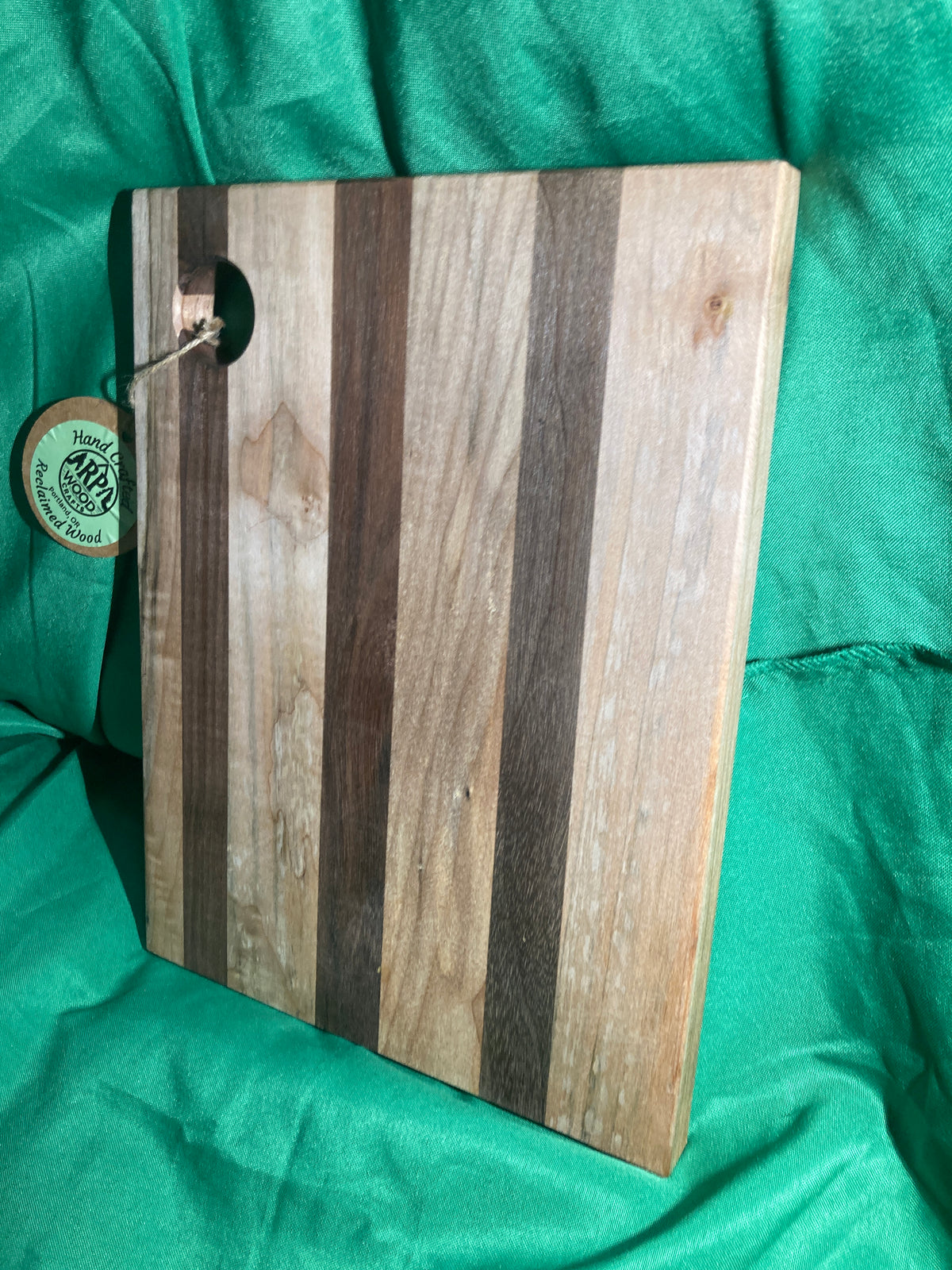 Medium wood Charcuterie board w/ hanging hole. Food prep. Hanging. Reclaimed wood. Handcrafted. High quality. Handmade gift. Walnut wood. Maple wood.