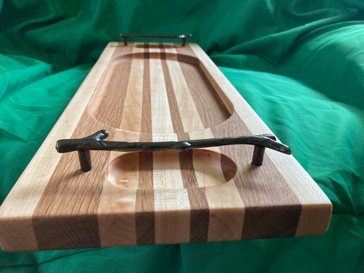 Hand Routed serving tray with metal handles and feet