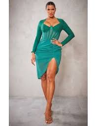NWT PrettyLittleThing Green Corset Long Sleeved Ruched Midi Dress Sz 12