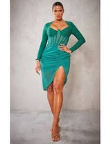 NWT PrettyLittleThing Green Corset Long Sleeved Ruched Midi Dress Sz 12