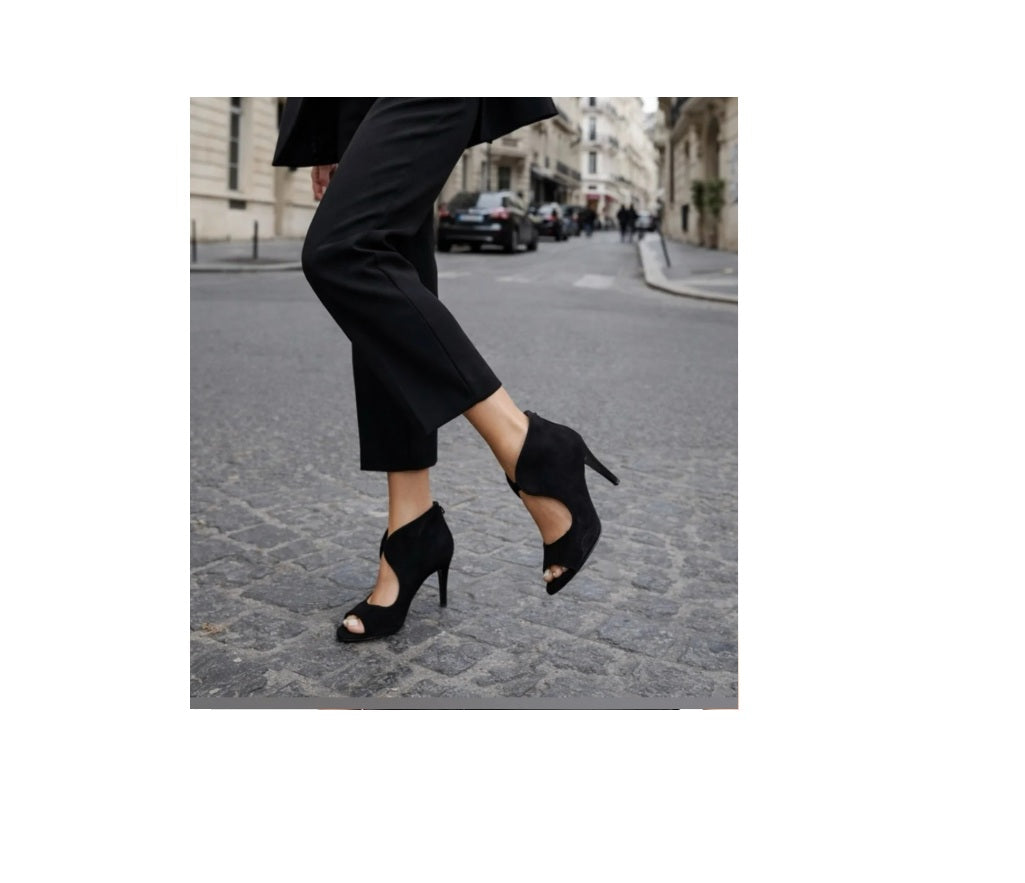 IMPO Black Peep Toe Cutout Scallop Heels w/ Zip Back