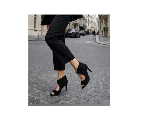 IMPO Black Peep Toe Cutout Scallop Heels w/ Zip Back