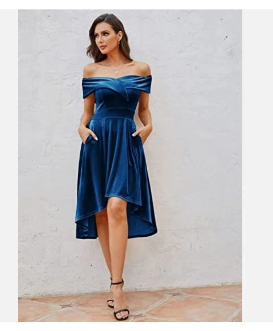 NWT Jasambac Blue Velvet Off-Shoulder Hi-Lo Cocktail Dress