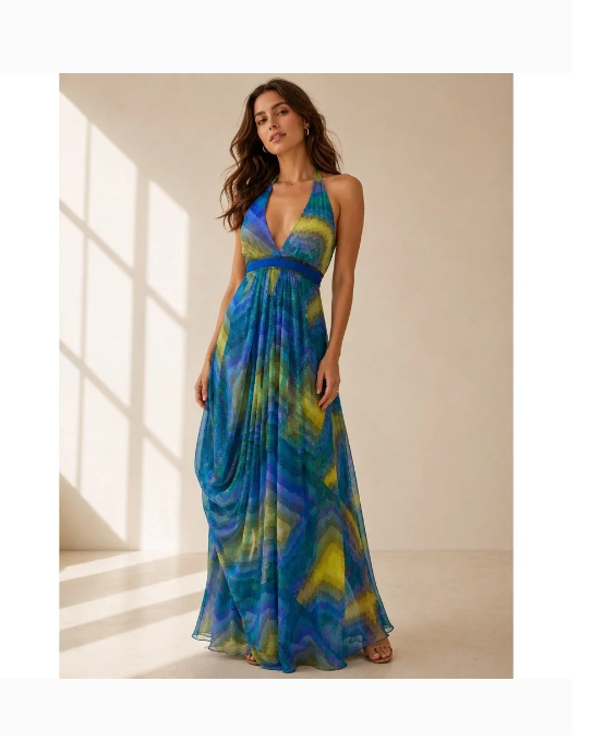 BCBG MaxAzria Bright Chambray Print Halter Maxi Dress